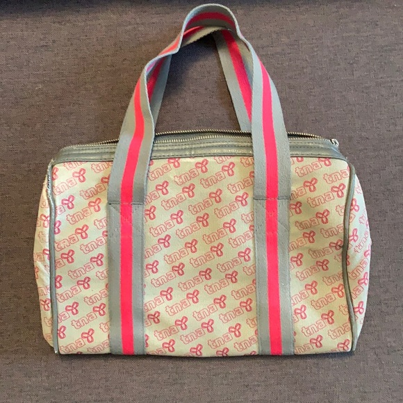 TNA Handbags - TNA Cream Canvas Tote with Pink Logo and Gray-Pink Straps